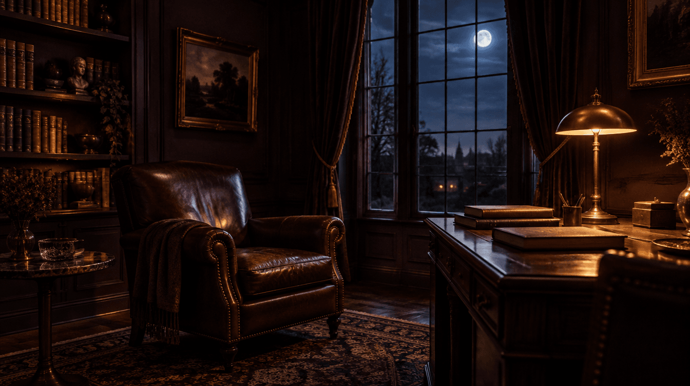 Un bureau feutré la nuit, un fauteuil vide, une lampe chaude, lumière de lune