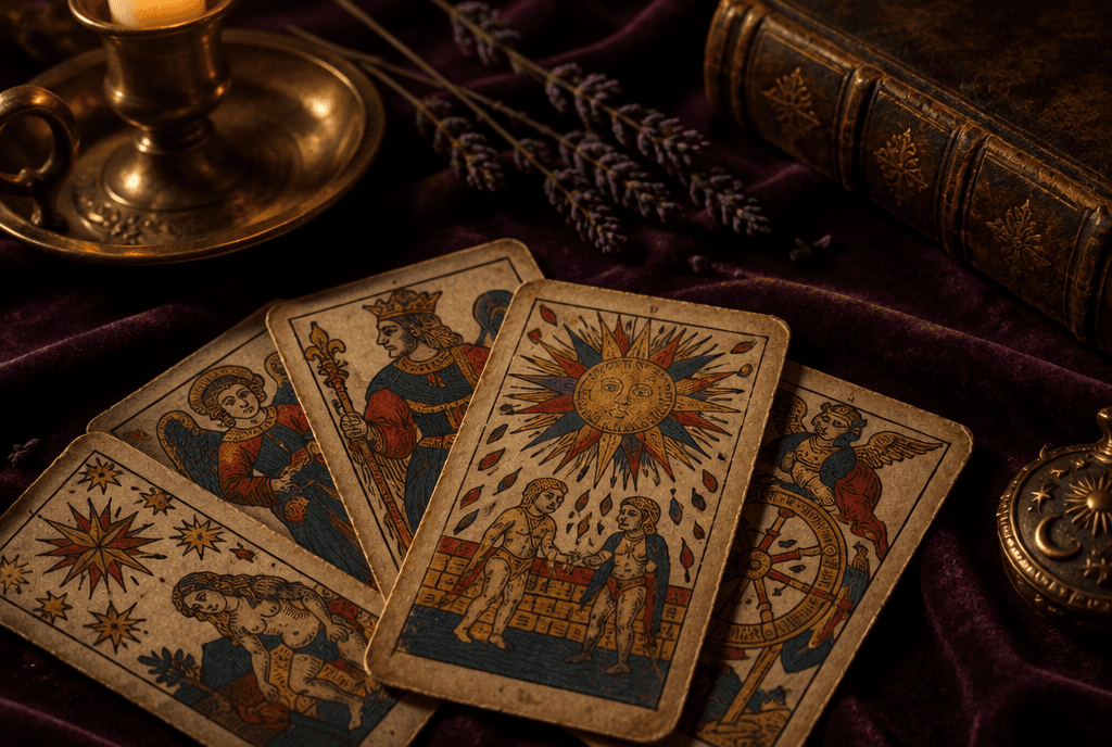 Arcanes du tarot de Marseille étalés sur du velours aubergine, à la lueur d’une bougie
