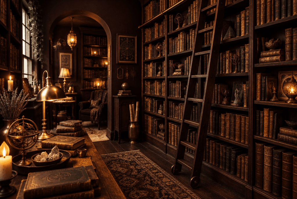 Intérieur d’une vieille librairie ésotérique, hauts rayonnages de livres anciens, lampe chaude