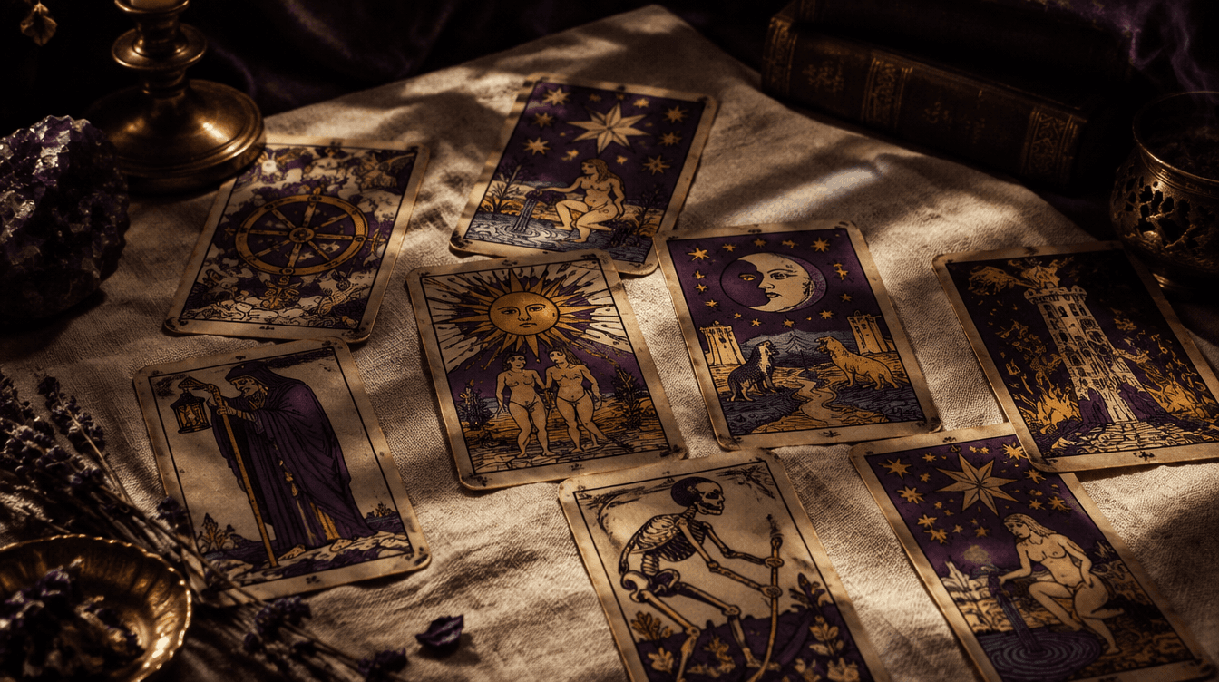Arcanes majeurs d’un tarot de type Marseille étalés sur du lin, à la lumière d’une fenêtre