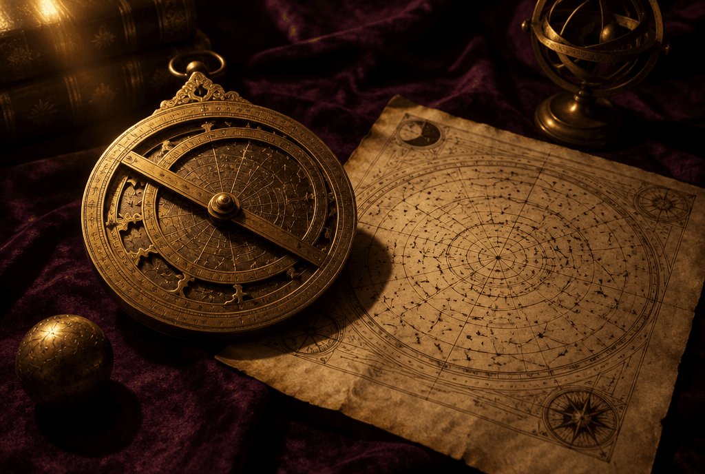 Astrolabe ancien en laiton posé près d'une carte du ciel
