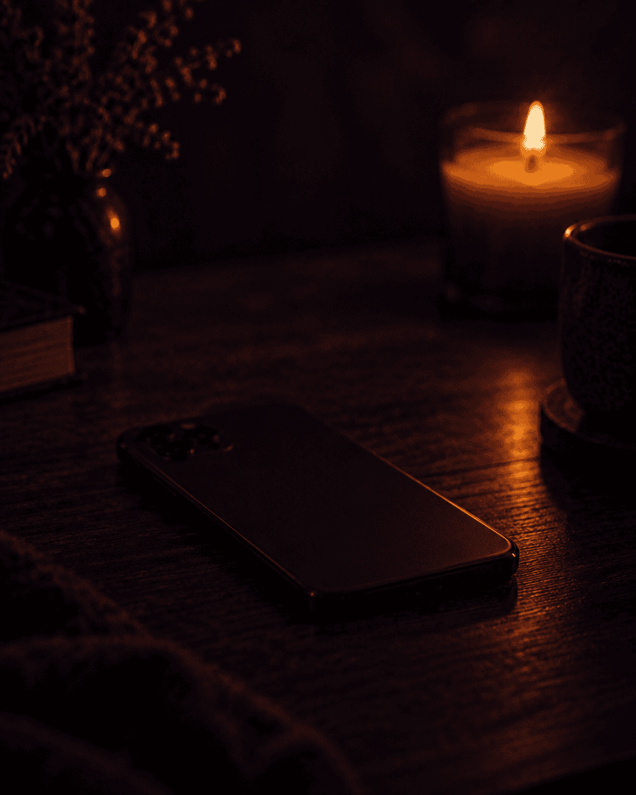 Téléphone posé face contre table dans une pièce sombre éclairée d’une bougie