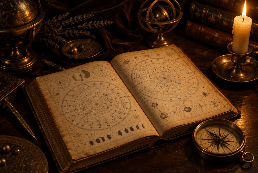 Éphéméride astronomique ancienne ouverte, à la lumière d’une bougie