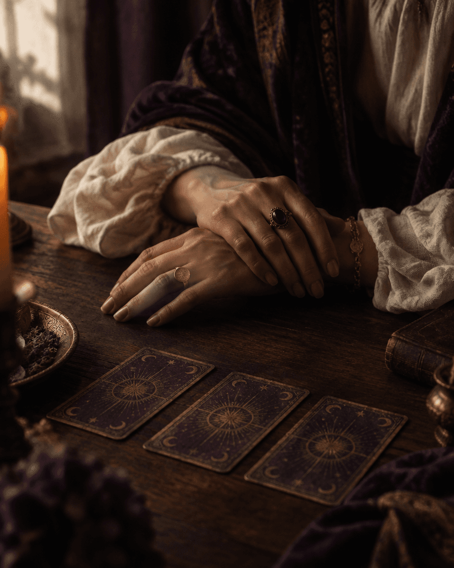 Mains posées sur une table près de cartes de tarot, à la lumière d’une bougie