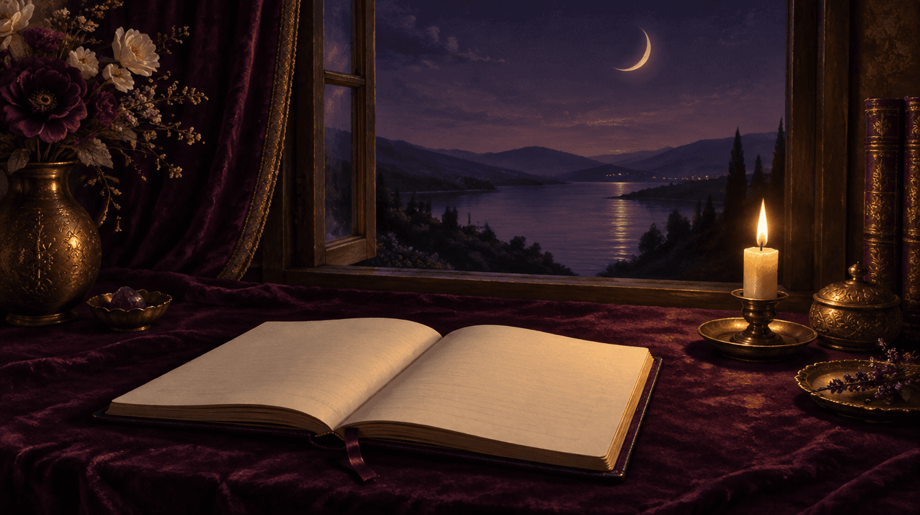 Un carnet ouvert et vierge sur du velours aubergine, un croissant de lune par la fenêtre