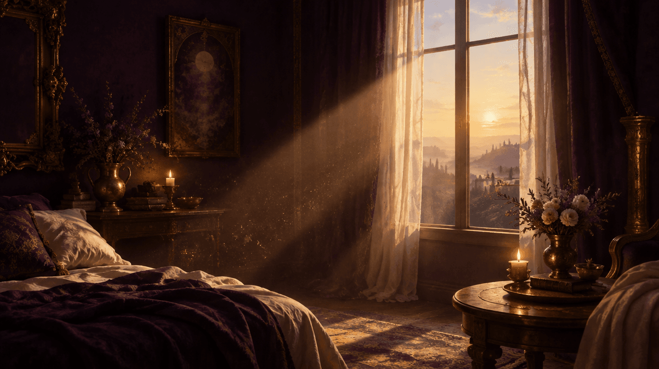 Première lumière de l'aube entrant dans une chambre aubergine, une bougie allumée