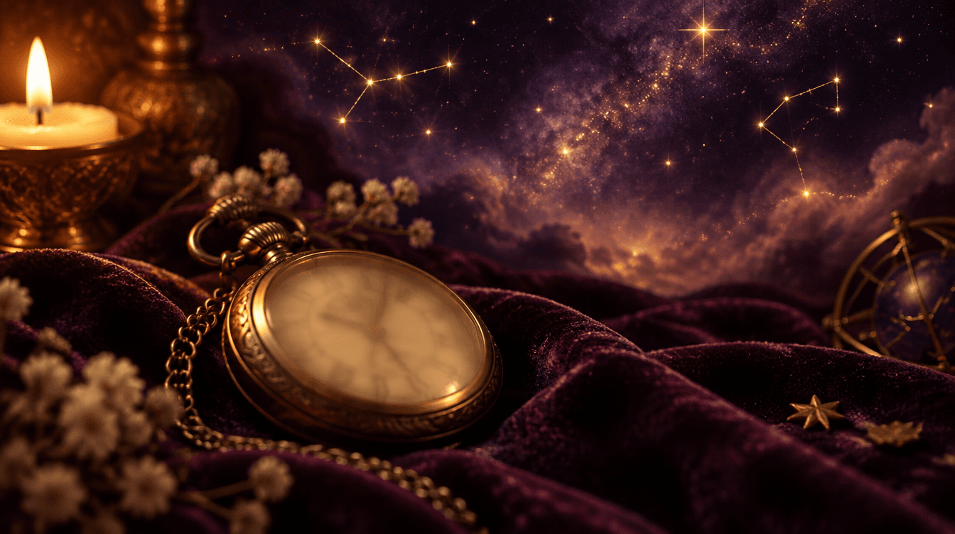 Montre ancienne posée sur du velours sombre, baignée d'une lumière dorée, sous un ciel d'étoiles