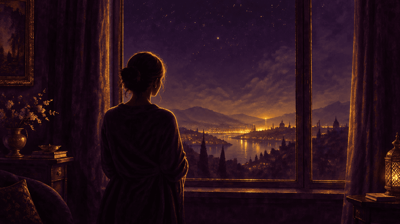 Silhouette devant une fenêtre la nuit, une lueur dorée au loin, atmosphère feutrée violette
