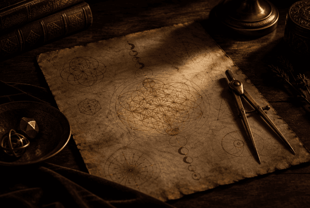 Parchemin ancien couvert de chiffres manuscrits et de figures géométriques