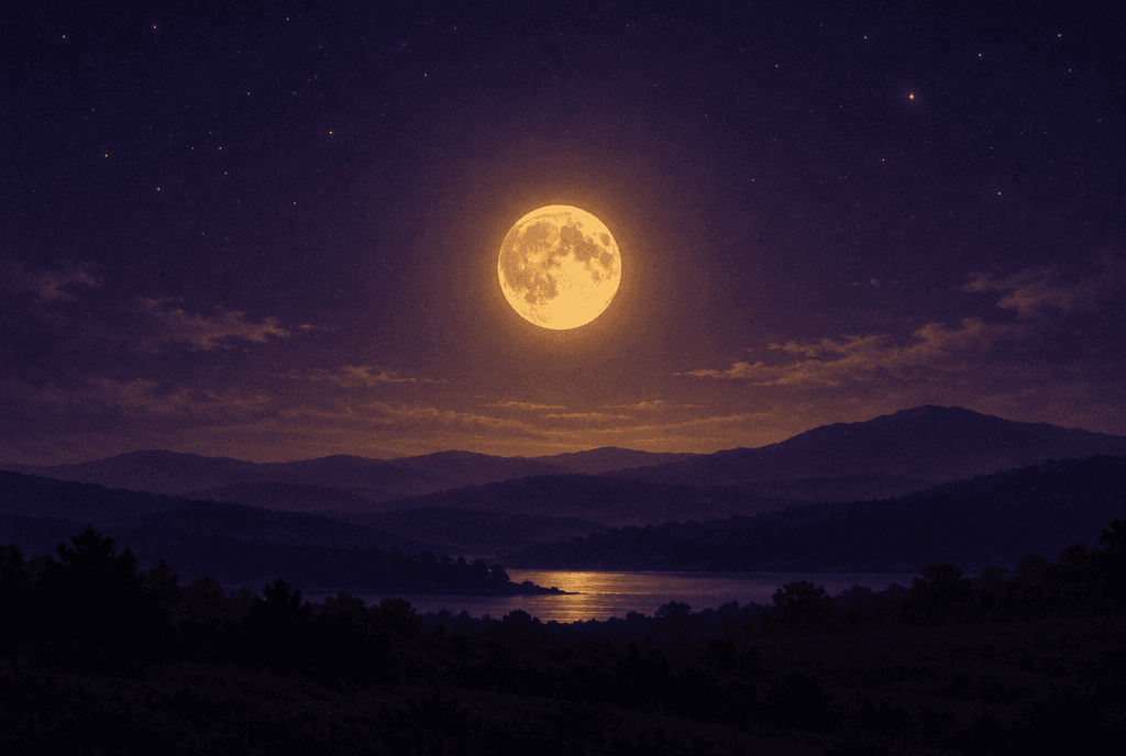 Pleine lune dorée se levant sur un paysage de nuit violet